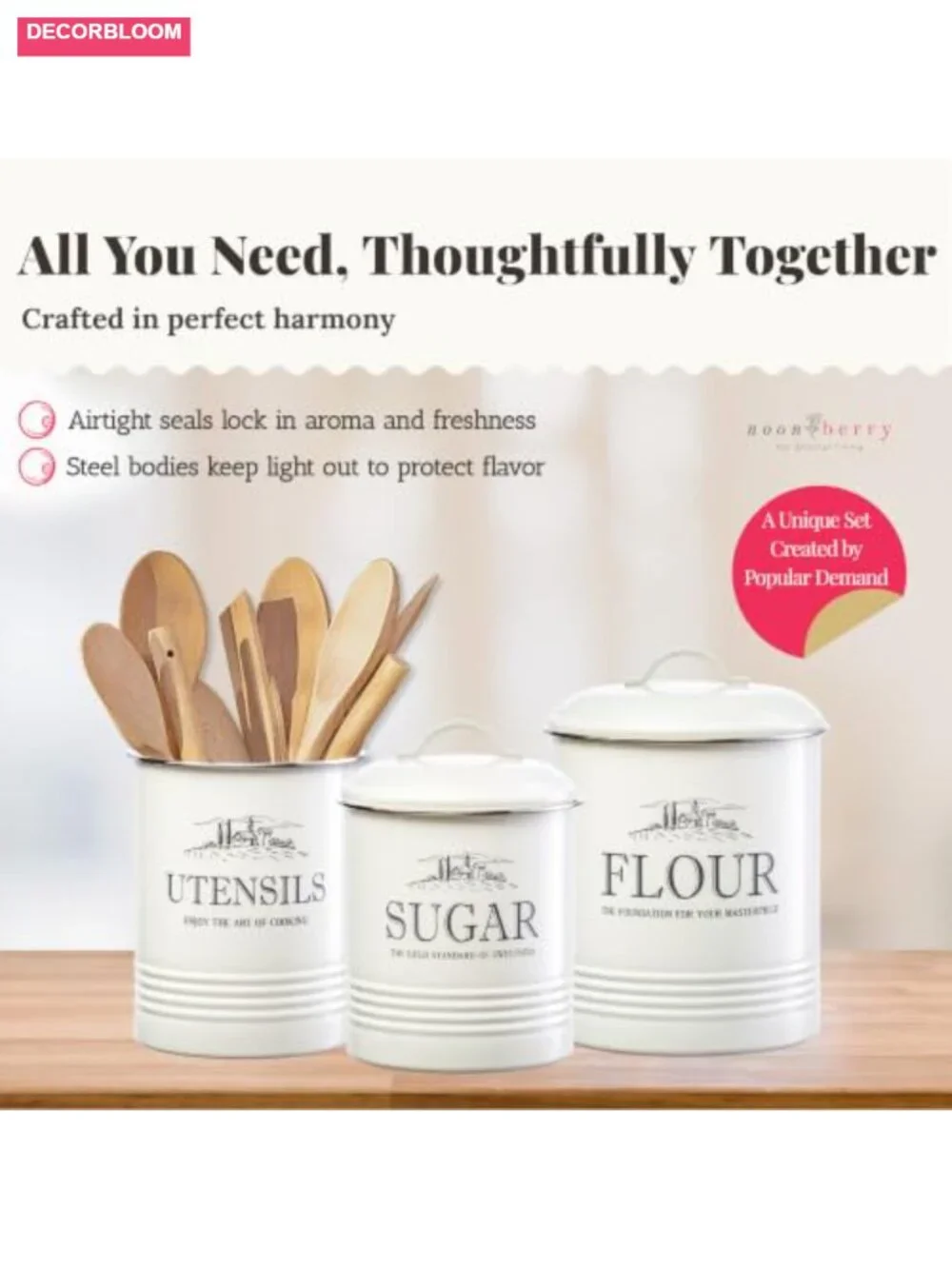 Airtight Kitchen Canisters 3-Piece Set with Utensil Holder, Metal